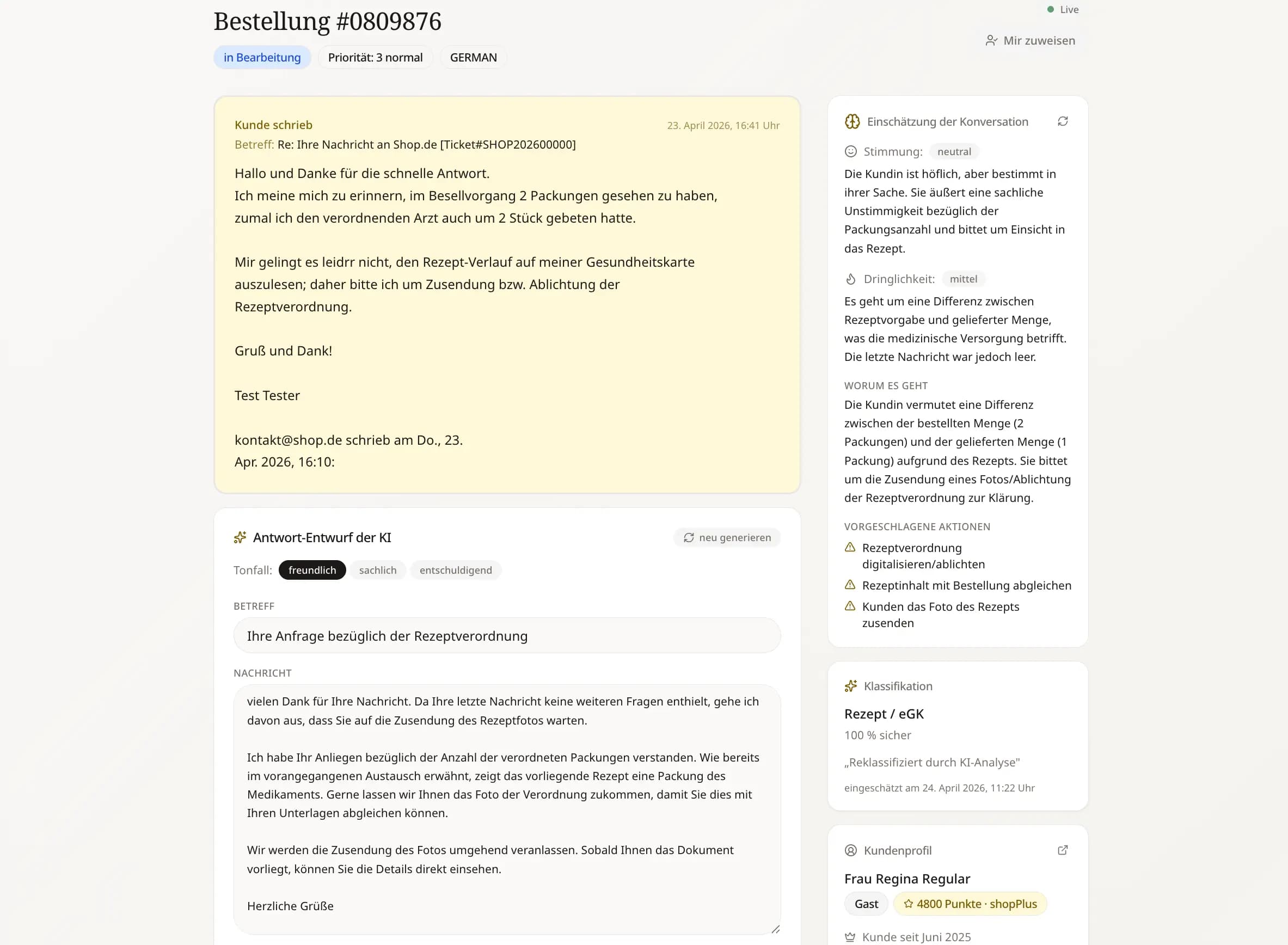 Ticket-Detail-Ansicht mit KI-Analyse