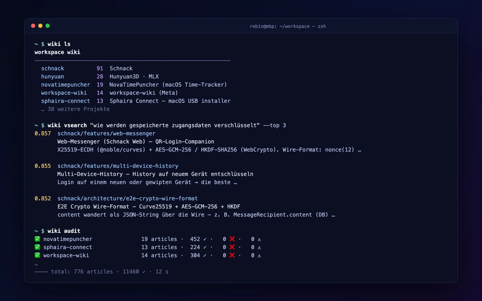 Terminal mit wiki-CLI: Projektübersicht, semantische Suche und Drift-Audit