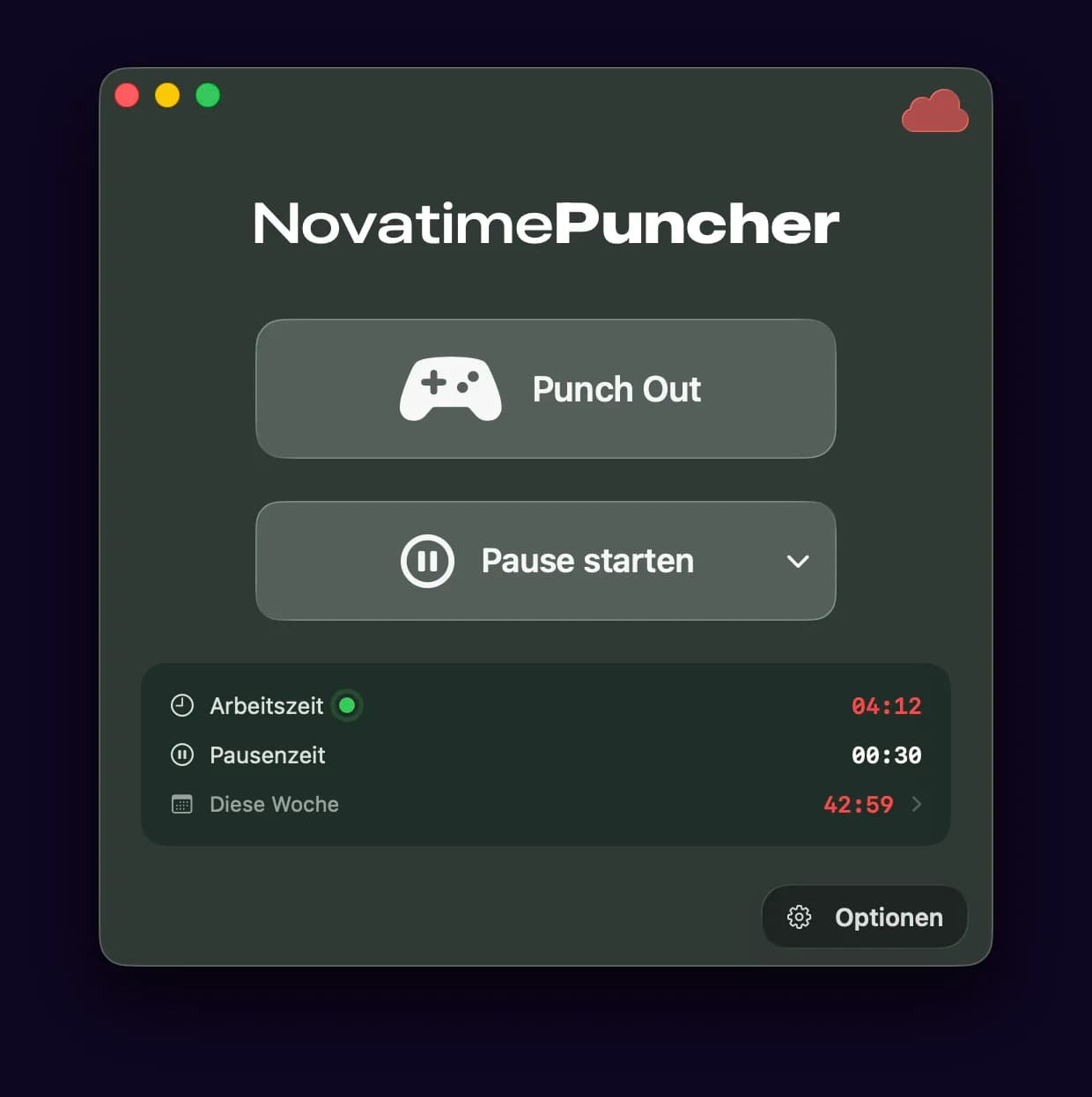 NovaTimePuncher Hauptansicht mit Punch-Out-Button, Pausen-Steuerung und Tagesübersicht