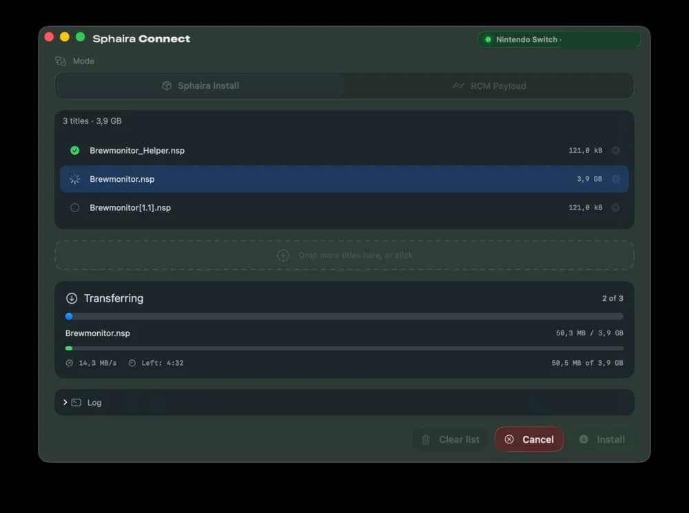Sphaira Connect Installer mit Titel-Warteschlange und laufendem USB-Transfer