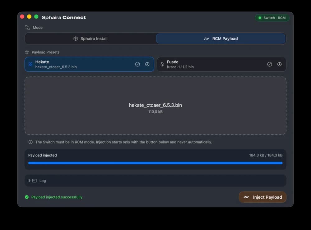 Sphaira Connect RCM-Payload-Injektion mit Hekate- und Fusée-Presets, erfolgreich abgeschlossen